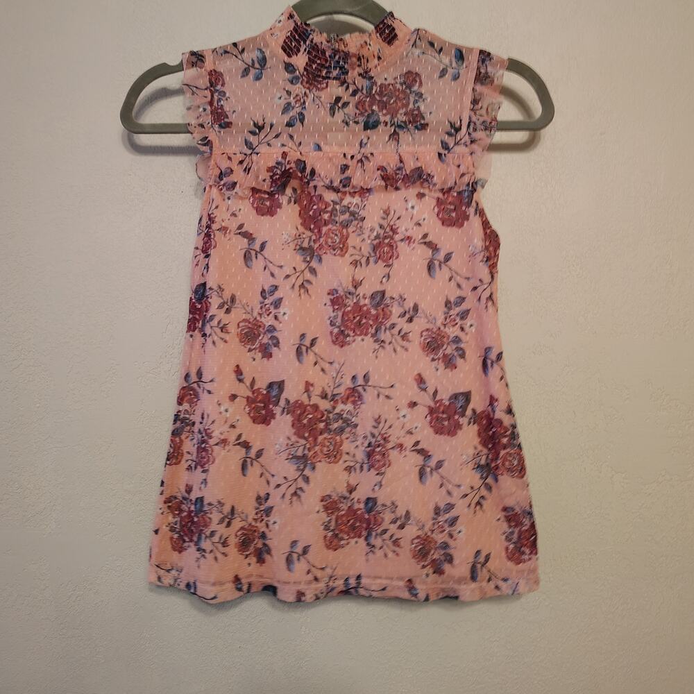 Coquette Cottagecore Pink Floral Swiss Dot Mock Neck Boho Top Size Sm